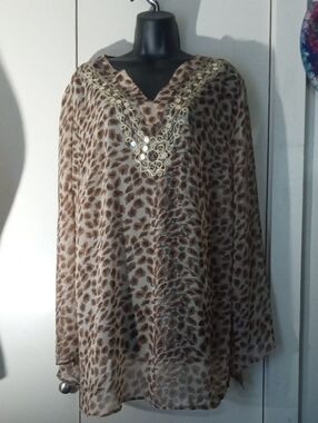 Claudia Richard Brown Leopard Sheer Tunic & Gold Tone Gems and Beading VTG 2X